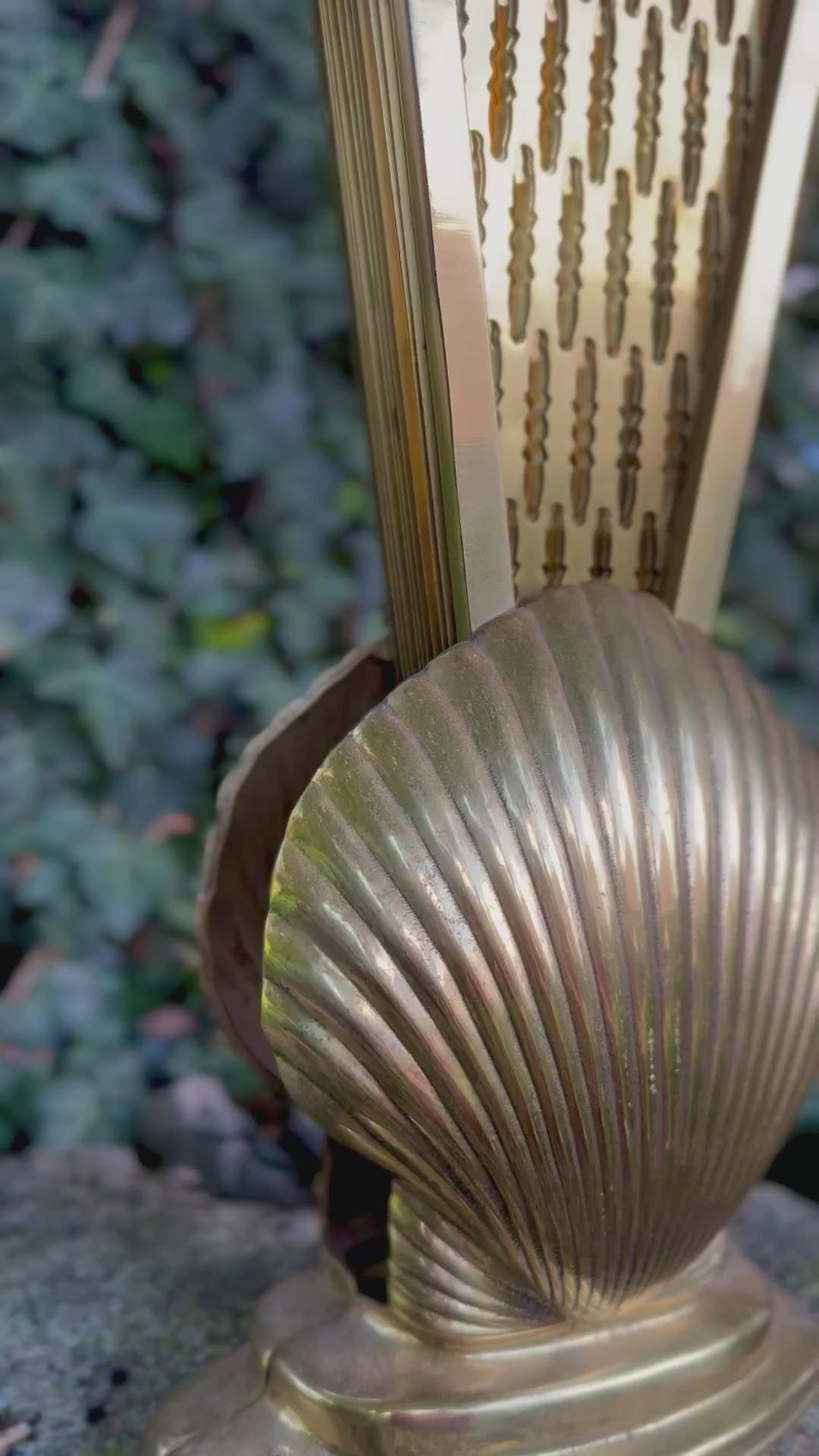Vintage Solid Brass Peacock Fan Fireplace Screen | Hollywood Regency Folding Clamshell Fire Screen