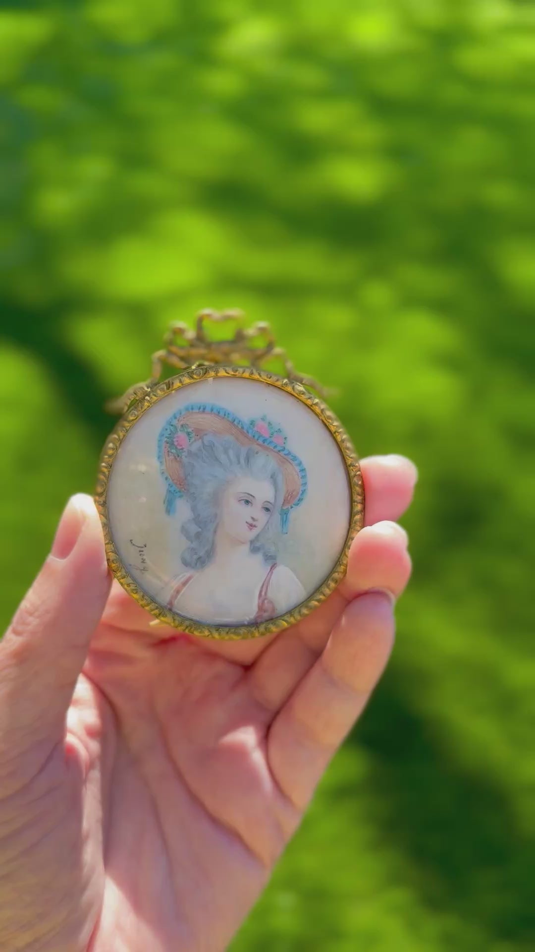 French Hand-Painted Portrait Miniature, Signed Juny, “Mlle Dugazon” Inscribed, Gilt Bronze Frame