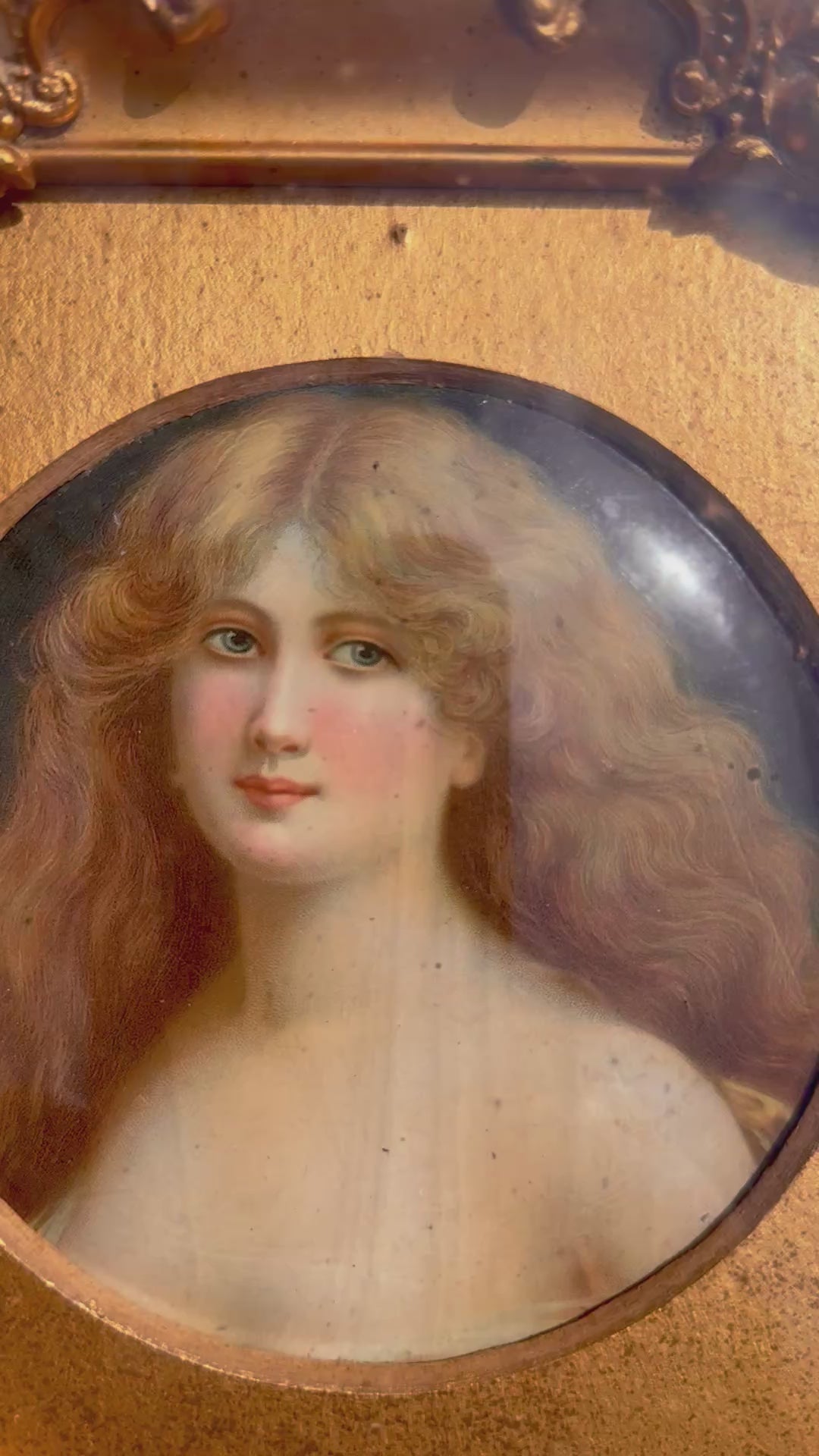 Large Antique Romantic Portrait Plaque in Gilt Shadowbox Frame, Late 19th/Early 20th Century