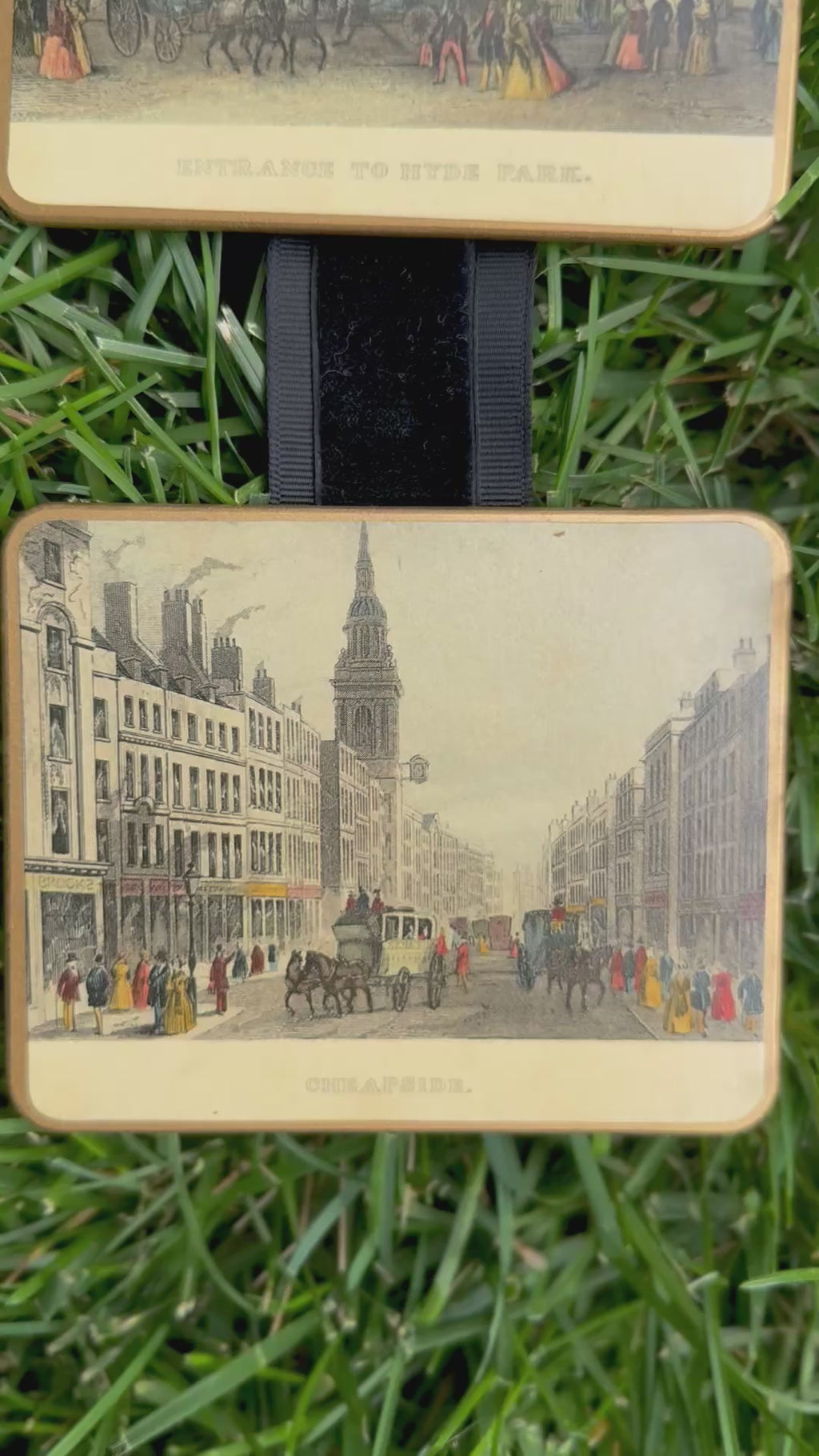 Vintage English London Landmark Coaster Wall Hanging | Lady Clare Lacquer Coasters on Velvet Ribbon