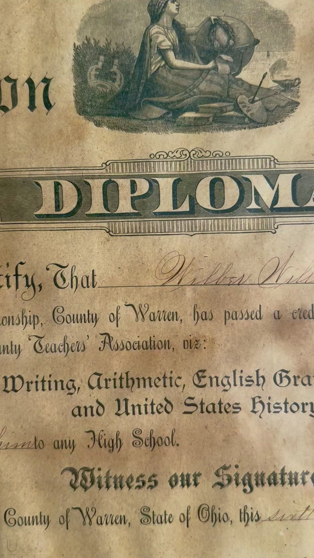 Antique 1890s Warren County Ohio Diploma in Hand-Carved Gold Ornate Frame
