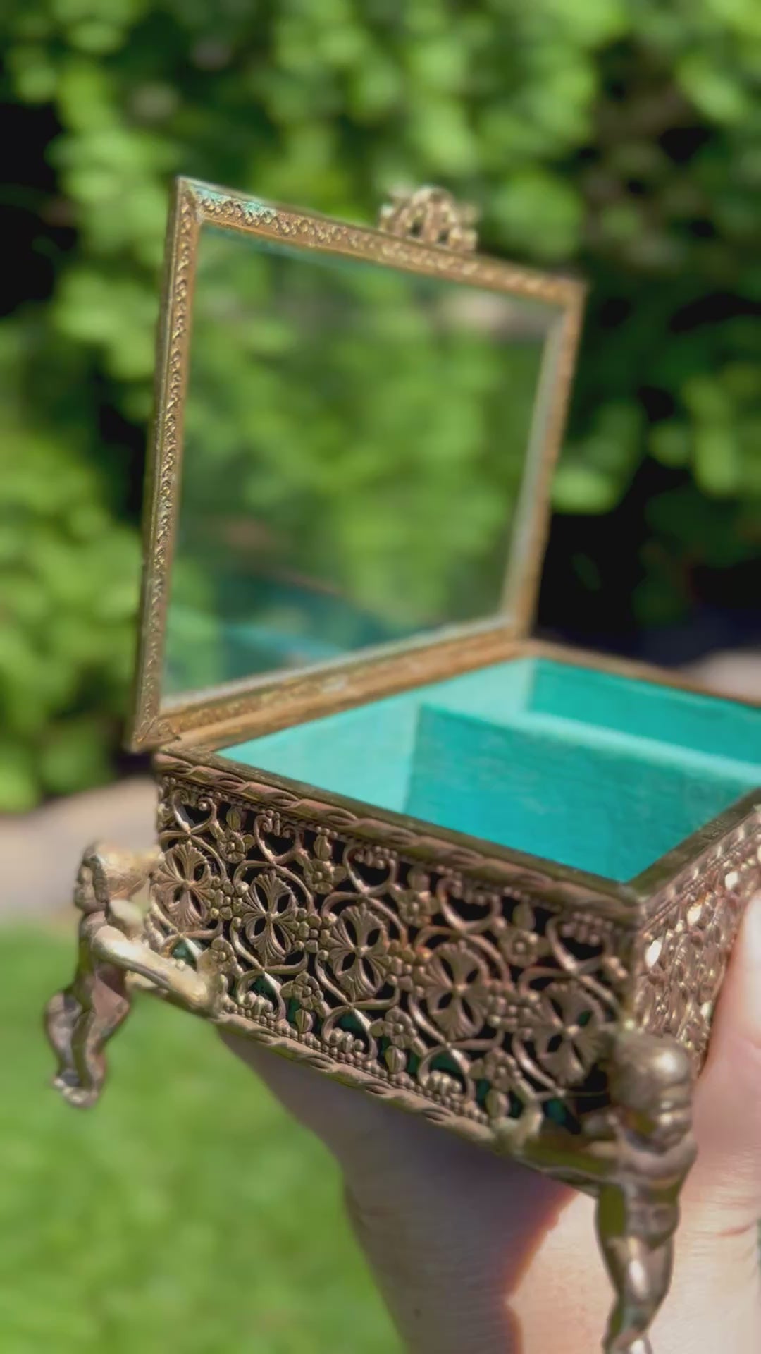 Vintage HiMark Japan Ormolu Cherub Music Box Jewelry Casket with Beveled Glass