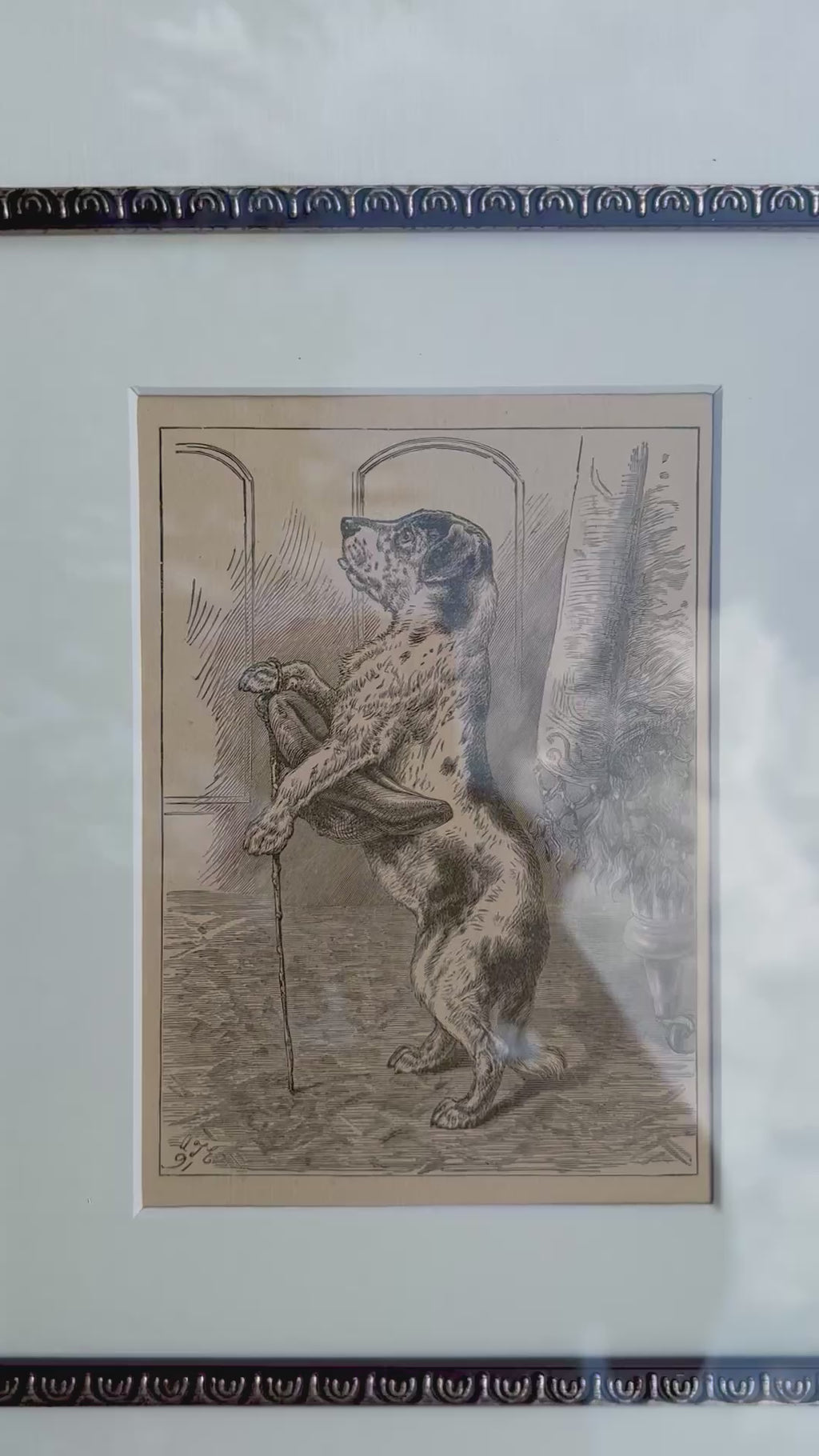 Antique Dog Book Plate Engraving Framed in Ornate 11x14 Gold-Silver Frame