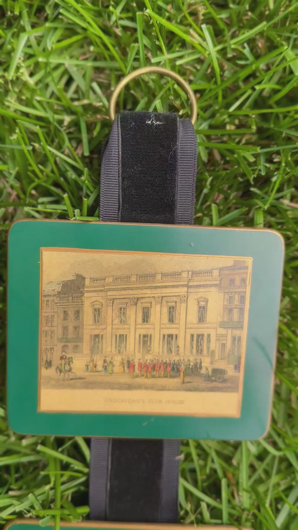 Vintage English London Landmark Coaster Wall Hanging | Lady Clare / Pimpernel Lacquer Coasters on Velvet Ribbon