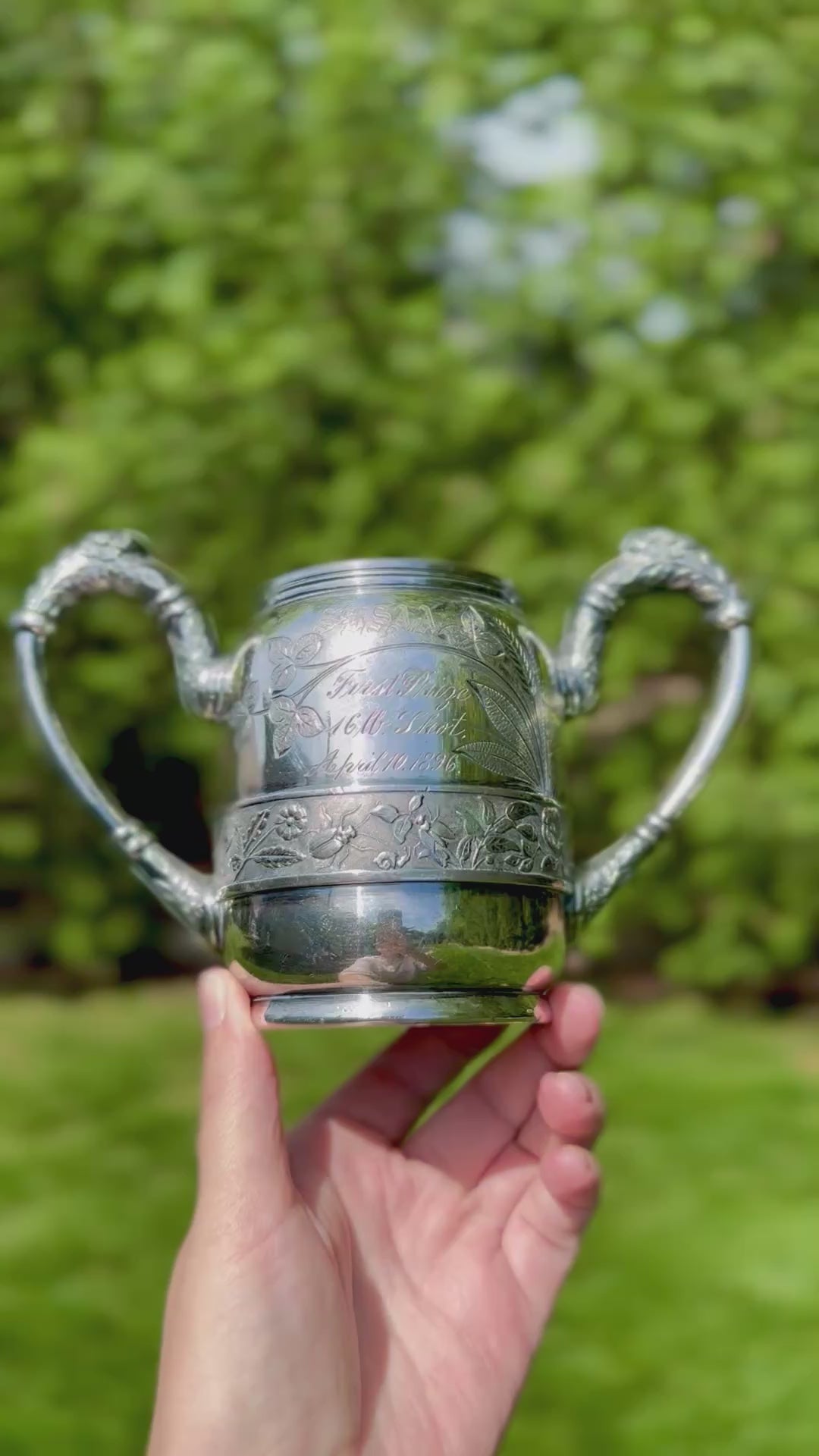 Antique 1896 Silver Plate Athletic Trophy Loving Cup – First Prize Shot Put, Engraved Floral & Insect Motif