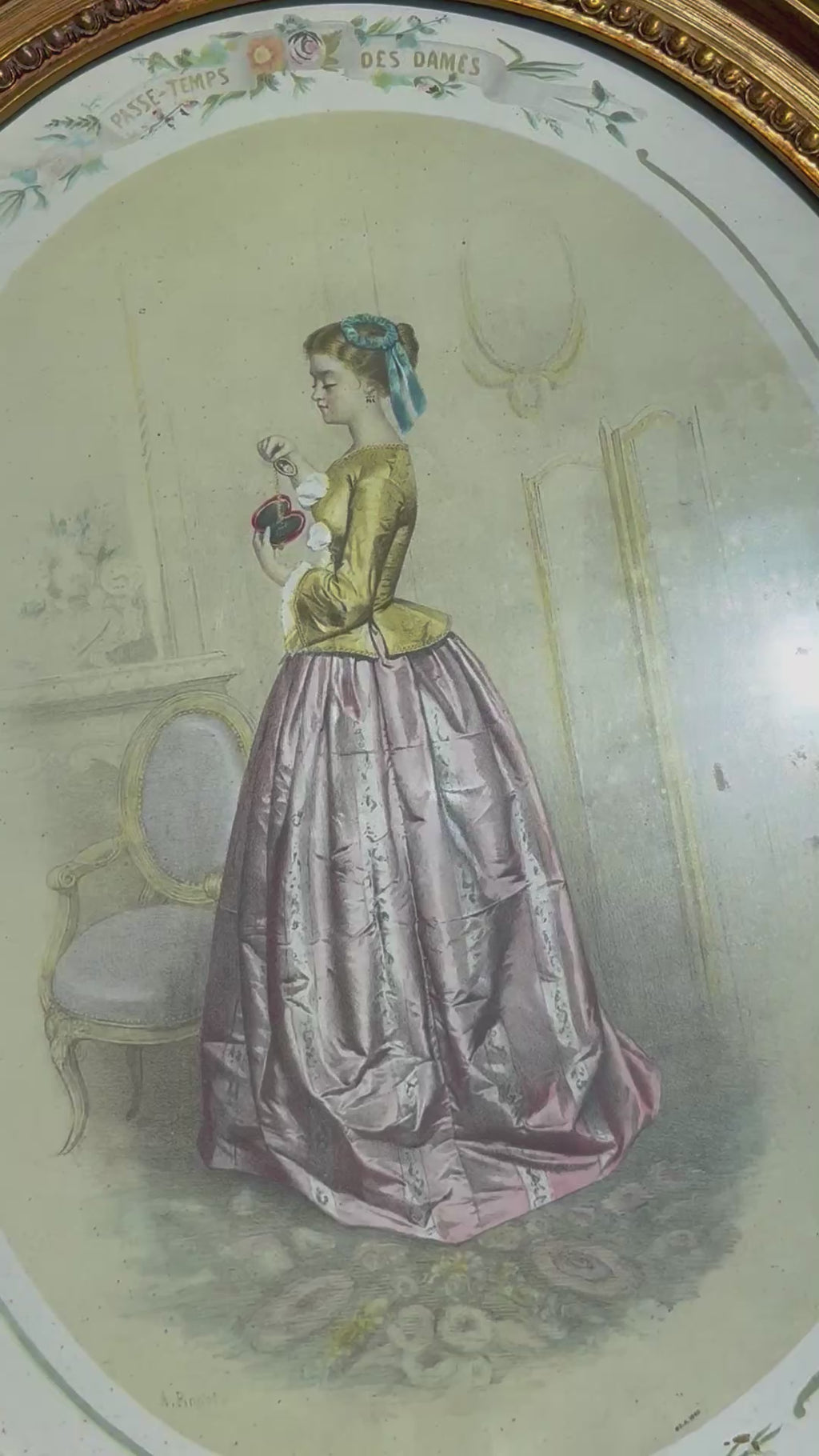 Vintage Oval “Passe-Temps des Dames” Lithograph Print in Ornate Gold Frame