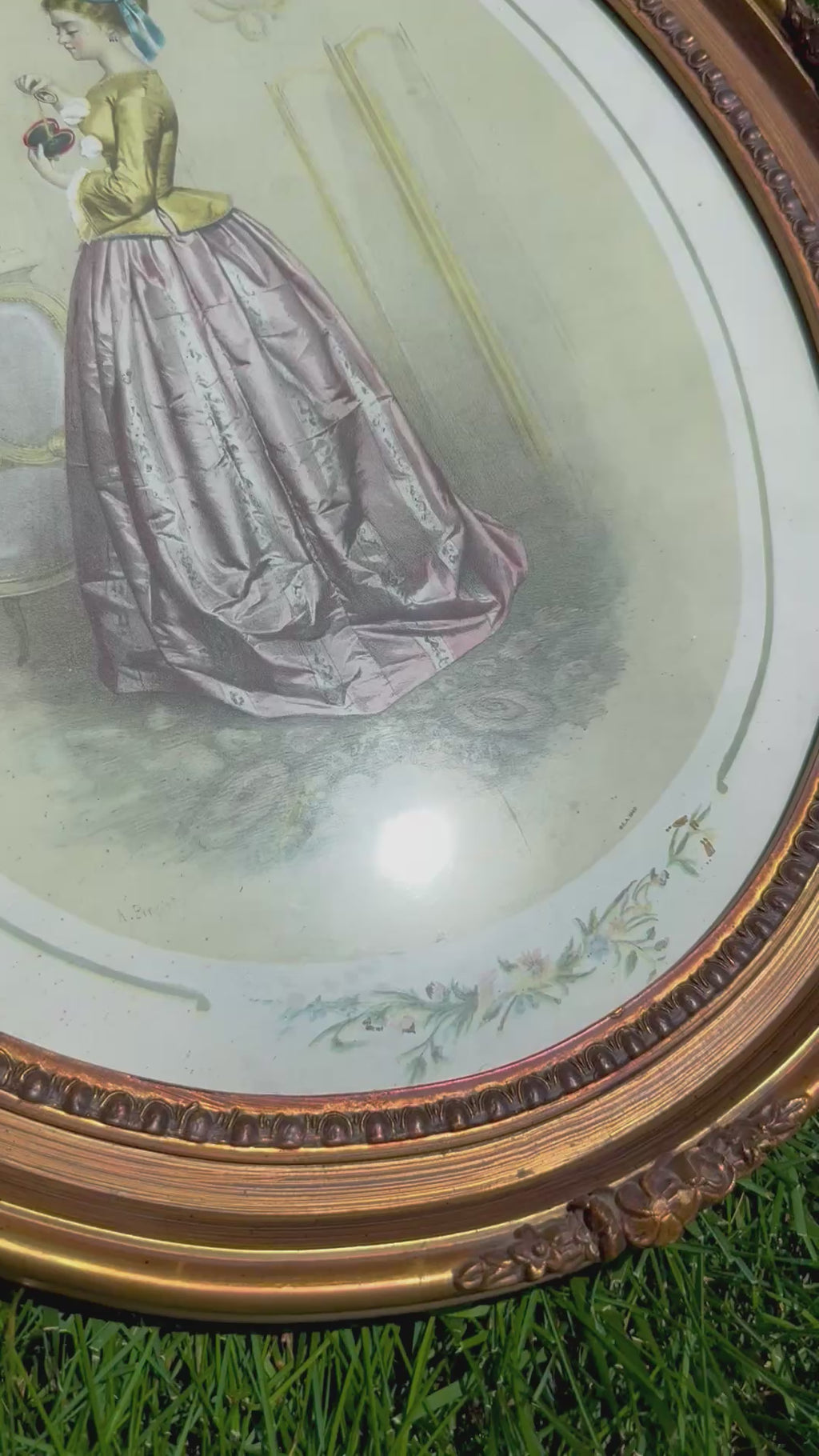 Vintage Oval “Passe-Temps des Dames” Lithograph Print in Ornate Gold Frame