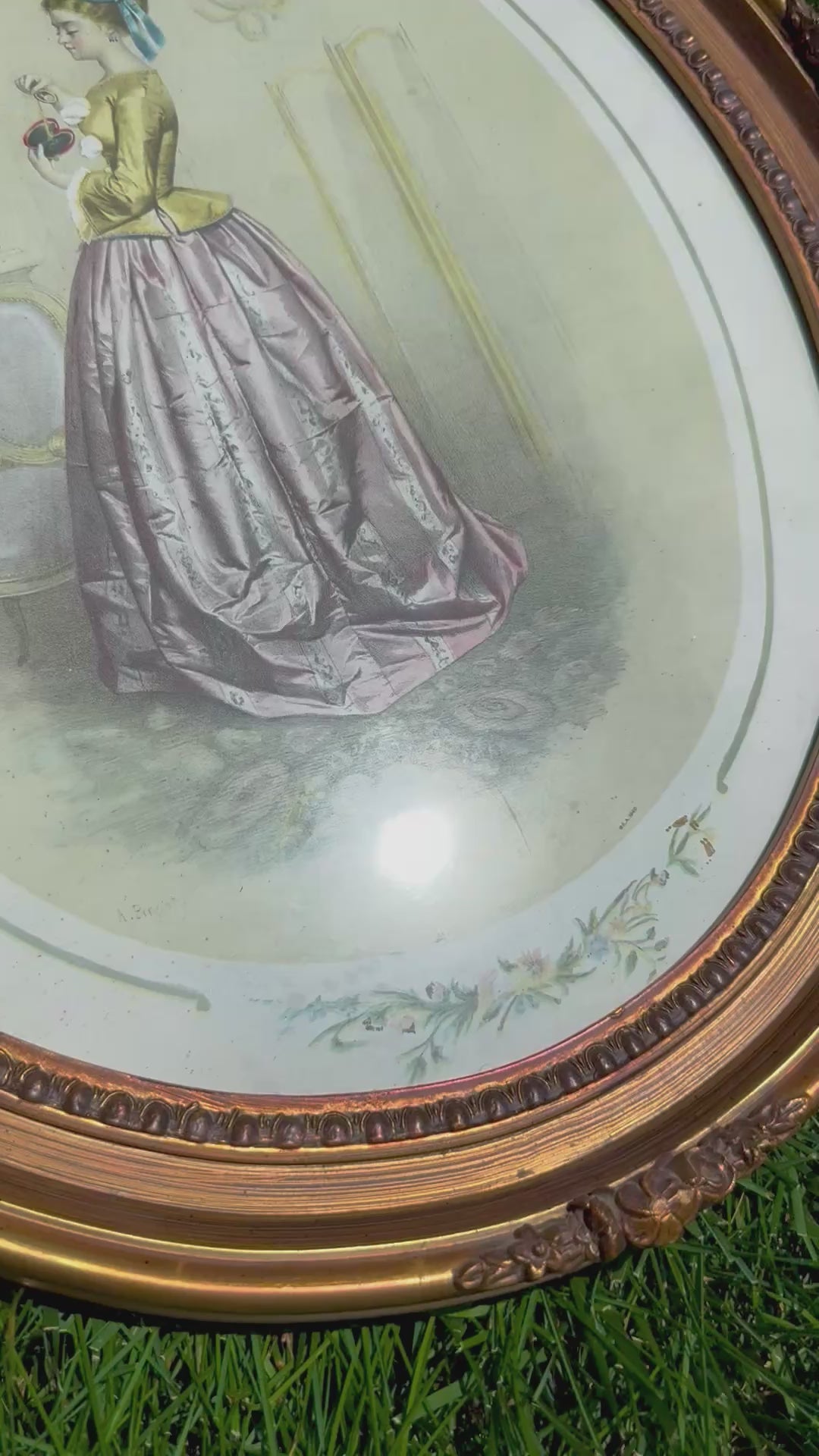 Vintage Oval “Passe-Temps des Dames” Lithograph Print in Ornate Gold Frame