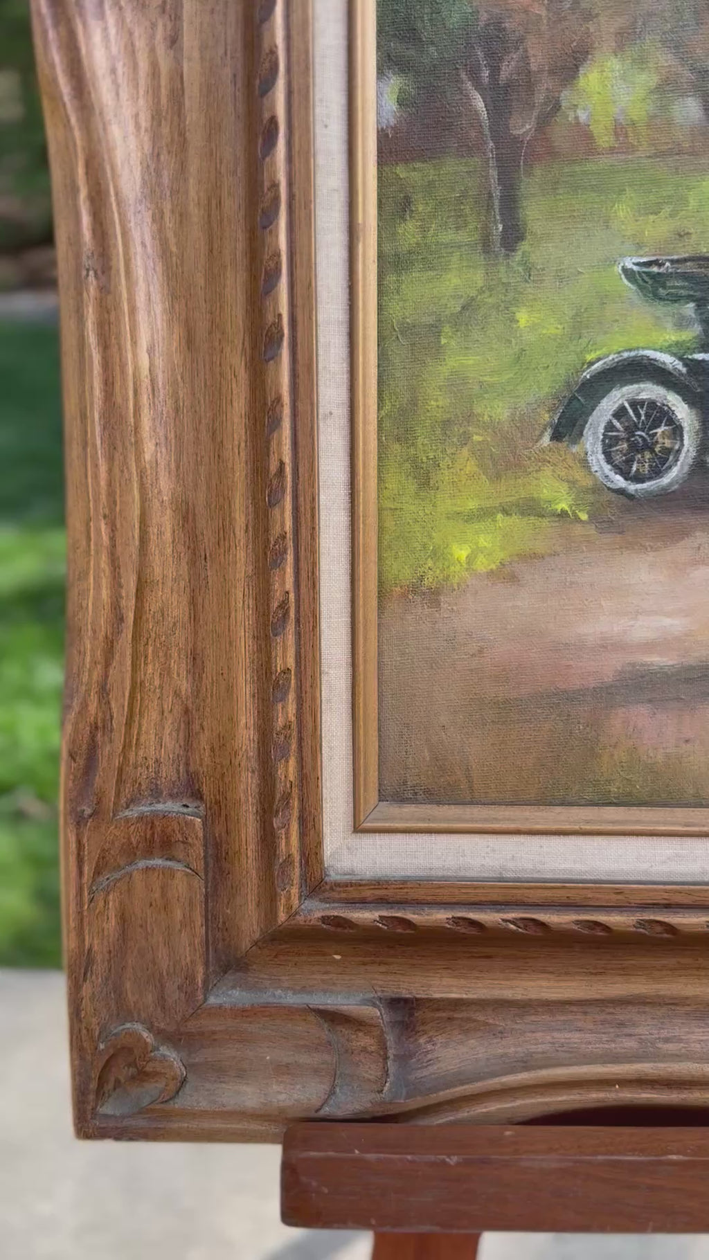 Vintage Signed Landscape Oil Painting with Automobile, Carved Wood Frame