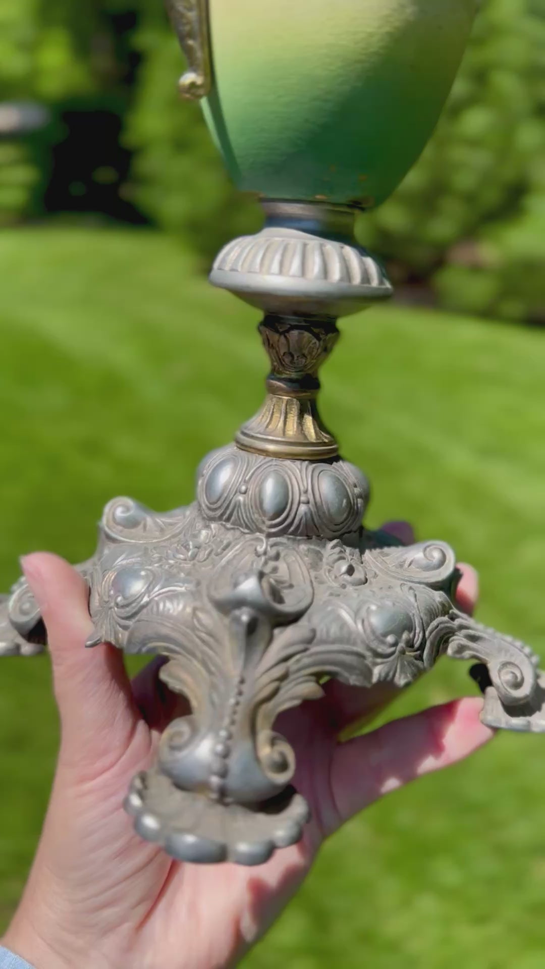 Victorian Spelter & Hand-Painted Glass Garniture Ewer with Lion Mask Spout